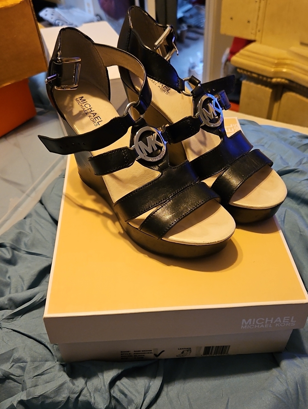 Michael Kors Black Leather Strappy MK Logo Wedge Sandals